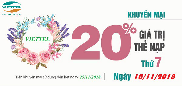 Viettel khuyến mại 20% giá trị thẻ nạp ngày 10/11/2018